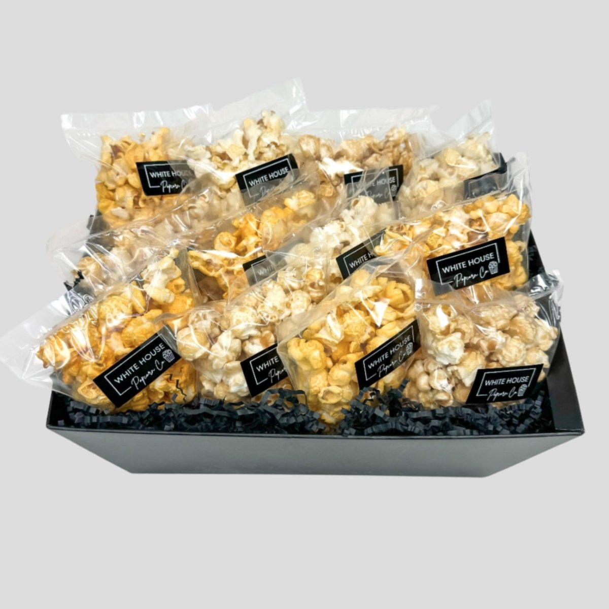 Party Pleaser Popcorn Gift Box. 12 Bag gift box available at Whitehosuepopcorn.com