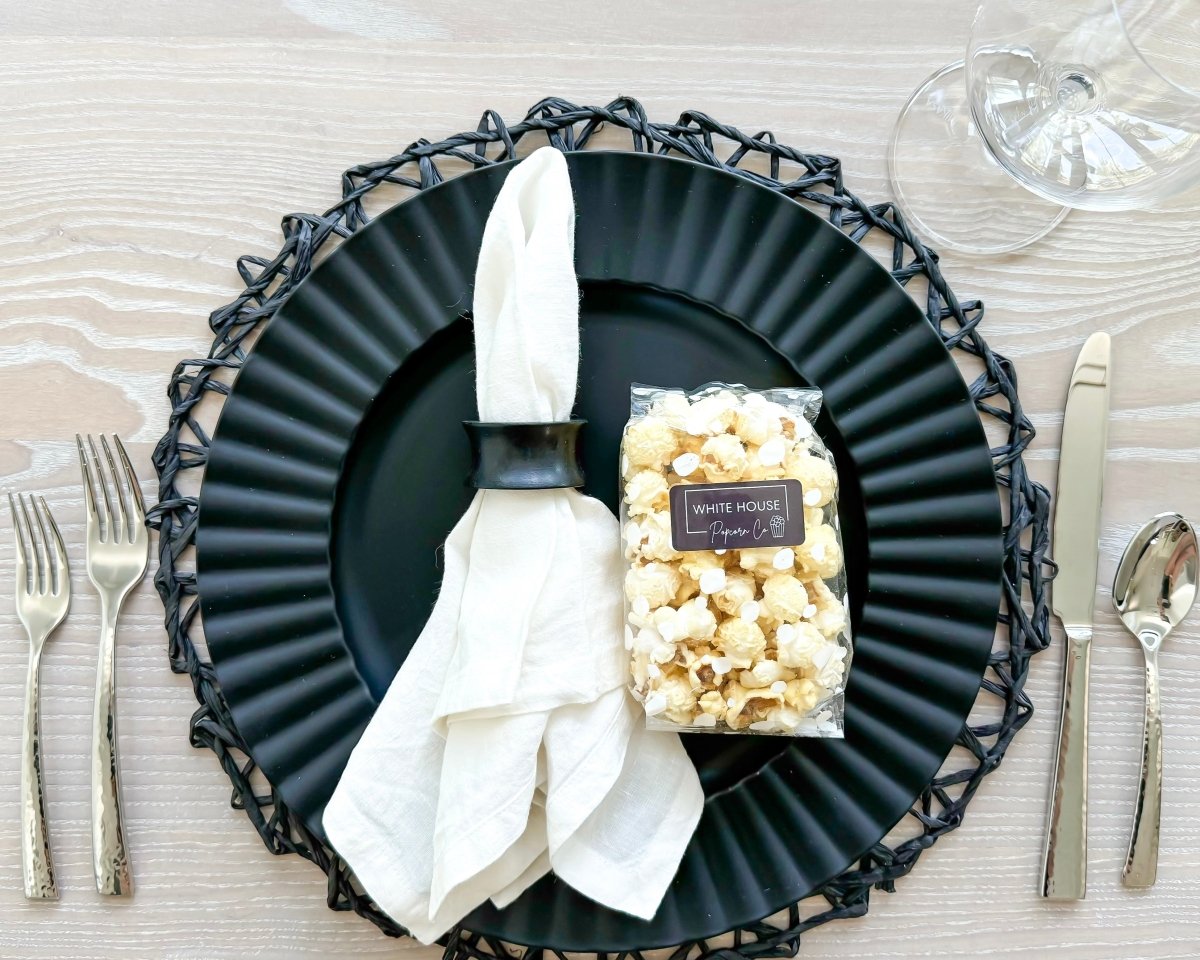 White Polka Dot Mini Favor Popcorn Bag. Dinner party favor at whitehousepopcorn.com