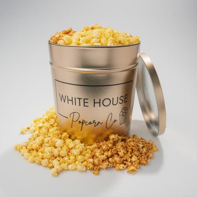 White House Signature Metallic Gold 3.5 Gallon Popcorn Tin. Customize up to 3 flavors Whitehousepopcorn.com
