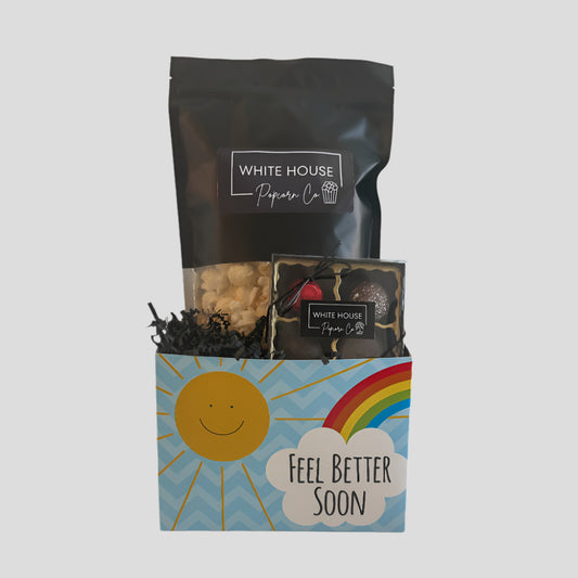 Get Well Soon gift basket with popcorn & chocolate at Whitehousepopcorn.com
