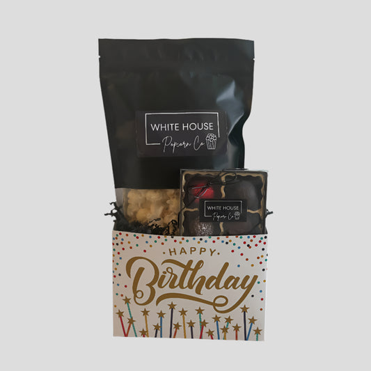Happy Birthday Gift Basket with popcorn & chocolate at Whitehousepopcorn.com
