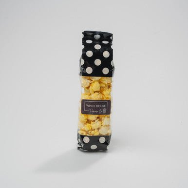 Sample popcorn bag available at Whitehousepopcorn.com. Black & white polka dot popcorn bag.