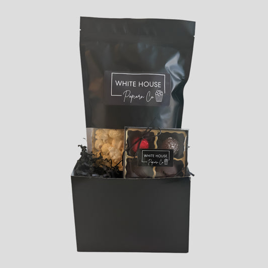 Signature gift basket with gourmet popcorn & chocolate at Whitehousepopcorn.com