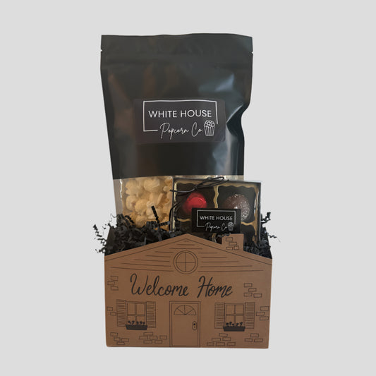 Welcome Home Gift Basket with gourmet popcorn and chocolate at Whitehousepopcorn.com