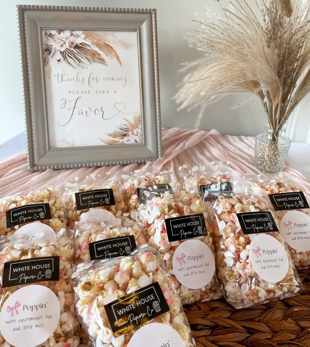 White Polka Dot Mini Favor Popcorn Bag. Girls baby shower party favor at whitehousepopcorn.com